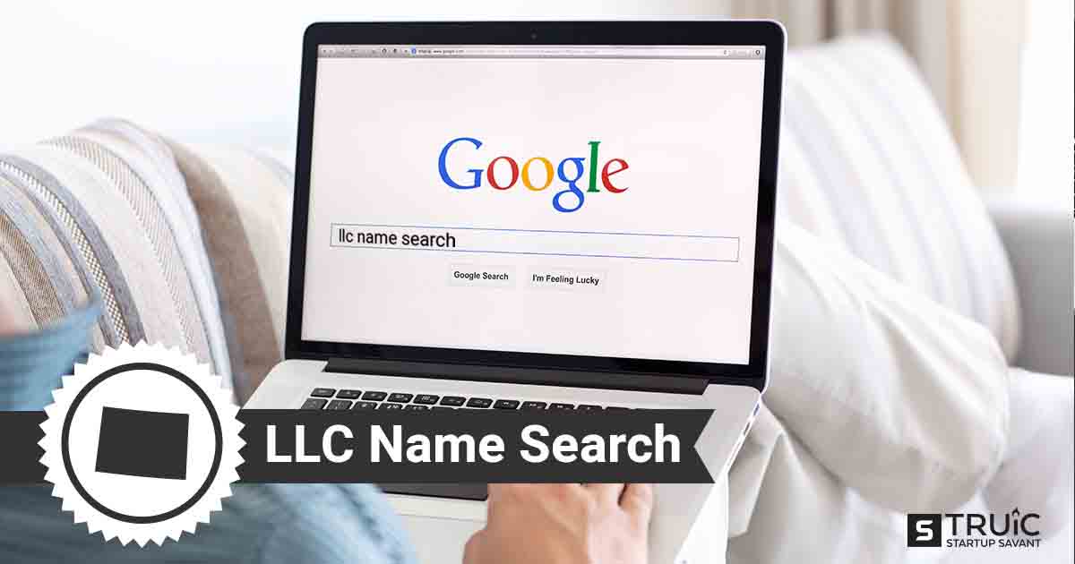 A laptop with a search engine open that says "LLC Name Search"